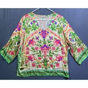 Soft Surroundings Size XL Floral Silky  Pink and Green Tunic Boho V Neck Shirt